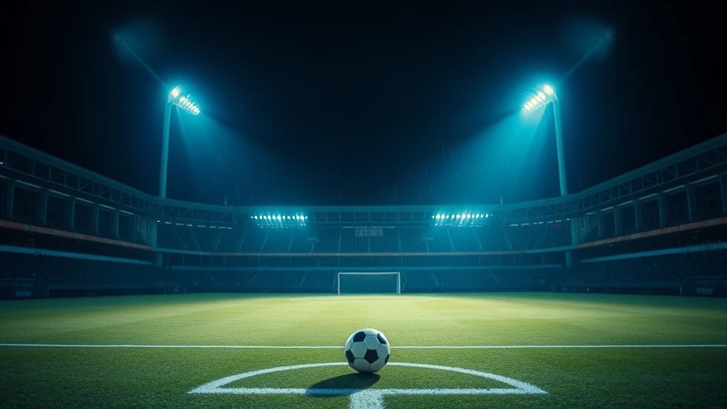 An empty floodlit pitch at night with a ball on the penalty spot