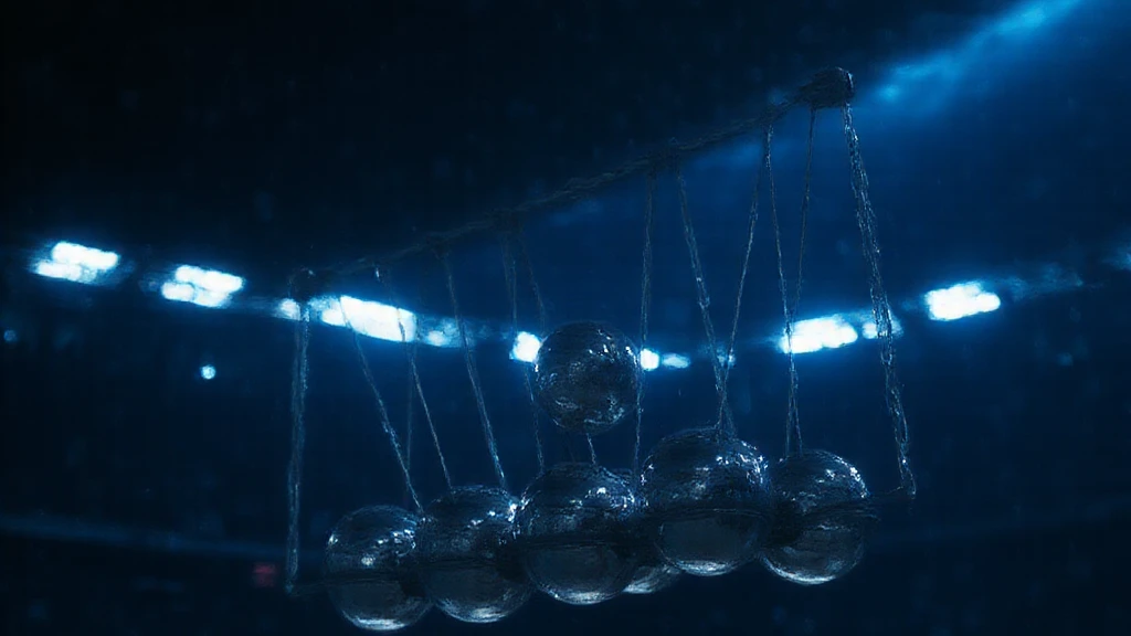Steel balls of a Newton's cradle mid-swing