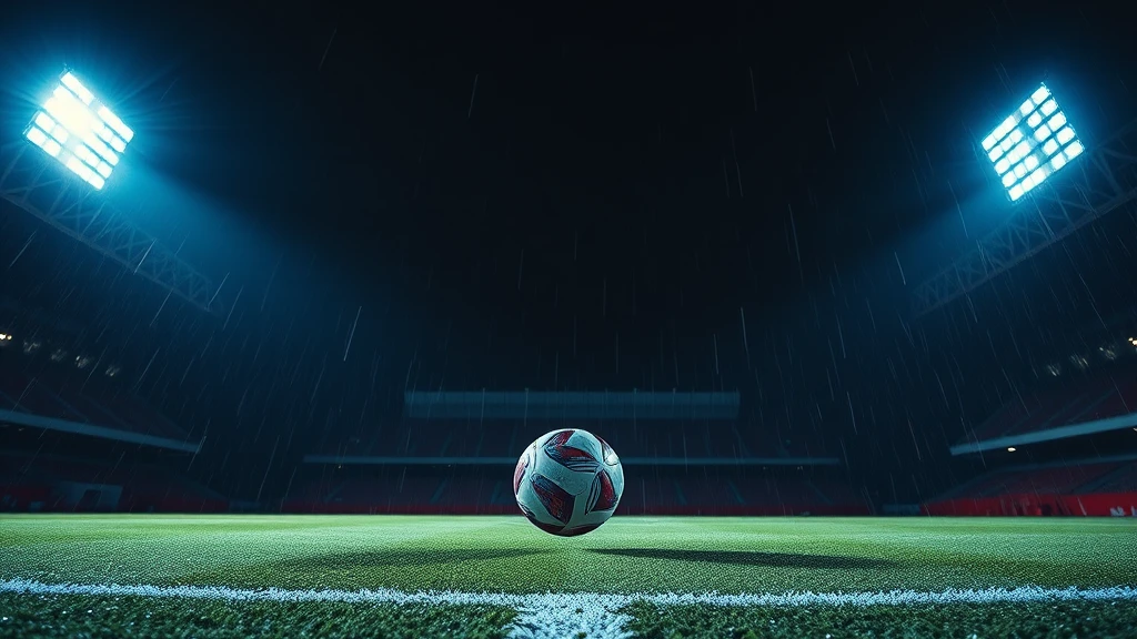 An empty floodlit pitch at night with a ball on the penalty spot