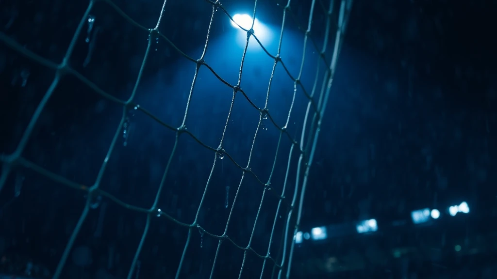 The mesh of a goal net in close-up with water droplets