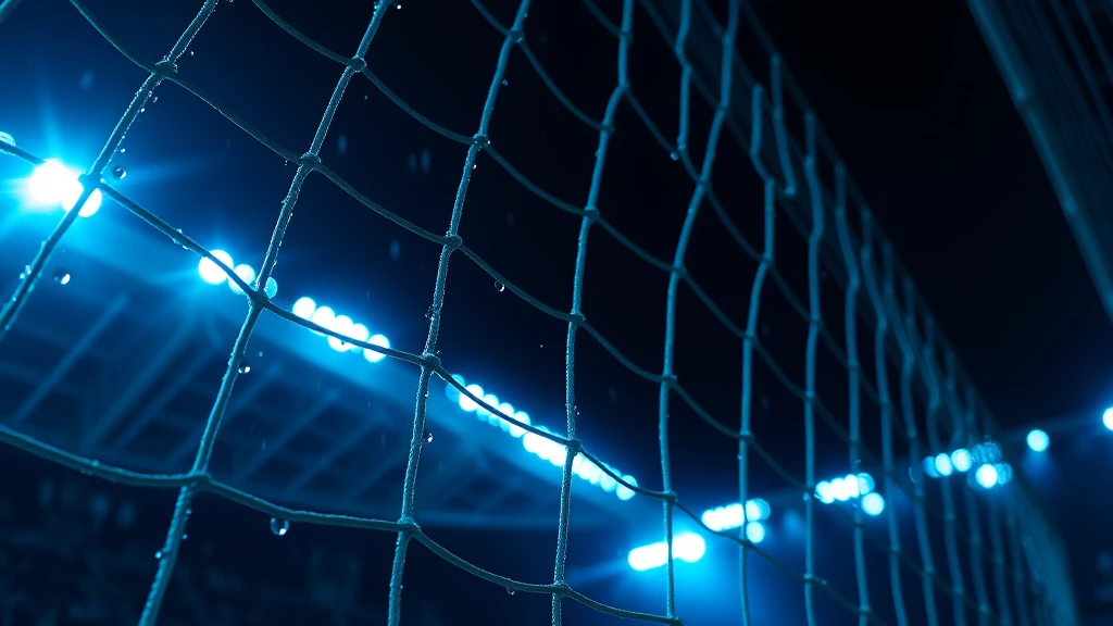 The mesh of a goal net in close-up with water droplets