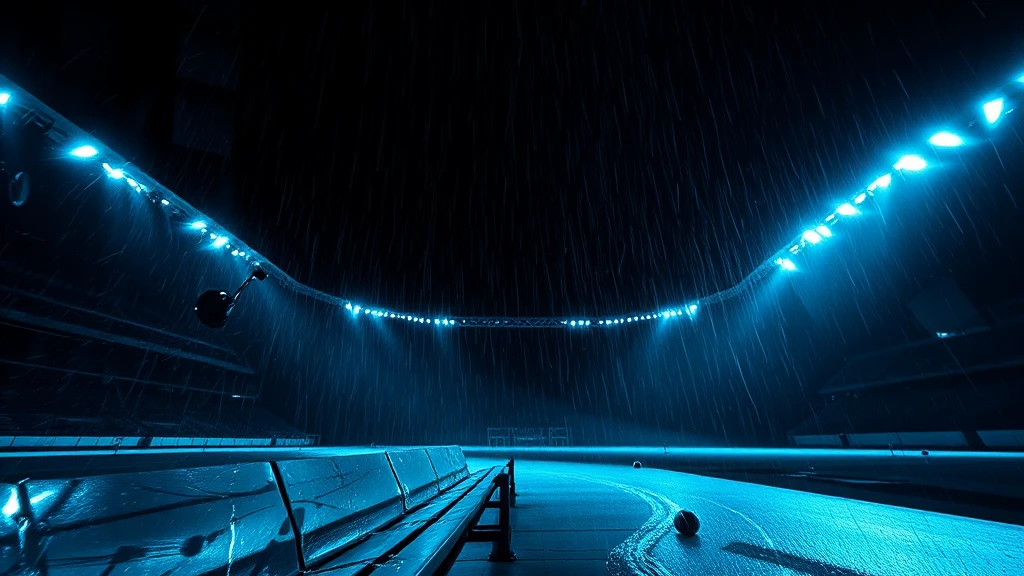 An empty dugout bench in driving rain