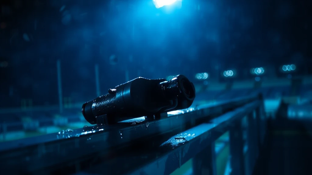 Binoculars on a wet rail above a dark pitch