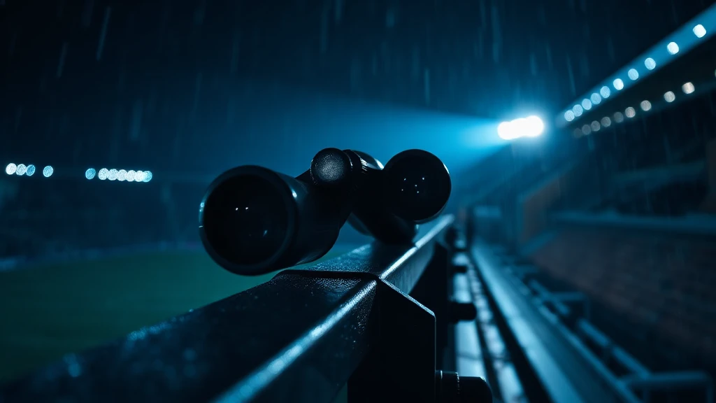 Binoculars on a wet rail above a dark pitch