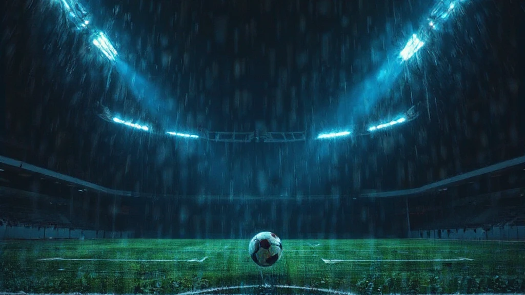 An empty floodlit pitch at night with a ball on the penalty spot