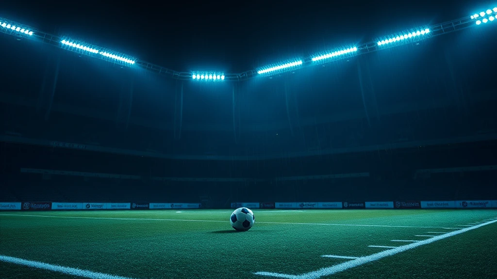 An empty floodlit pitch at night with a ball on the penalty spot