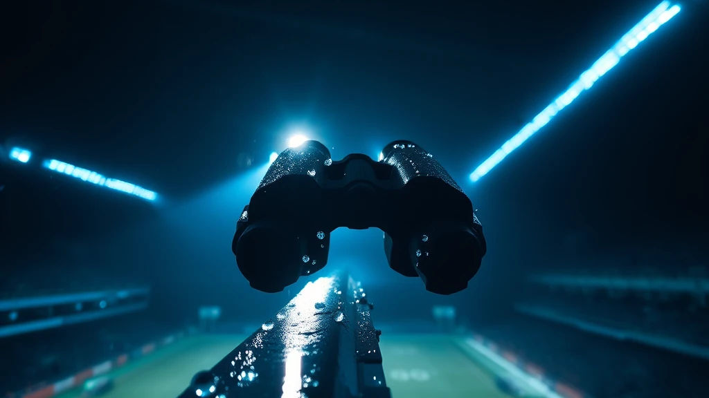 Binoculars on a wet rail above a dark pitch