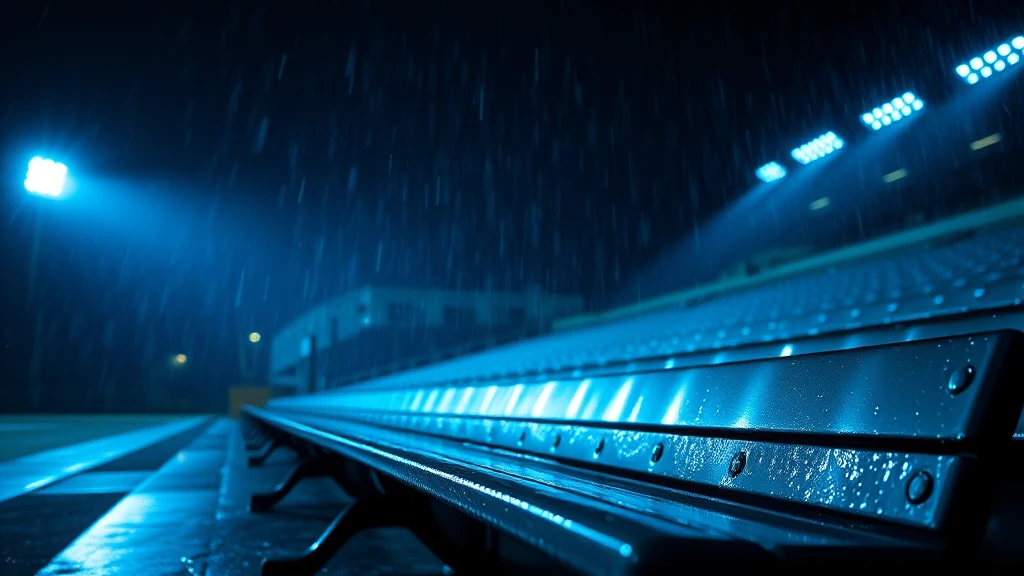 An empty dugout bench in driving rain at night